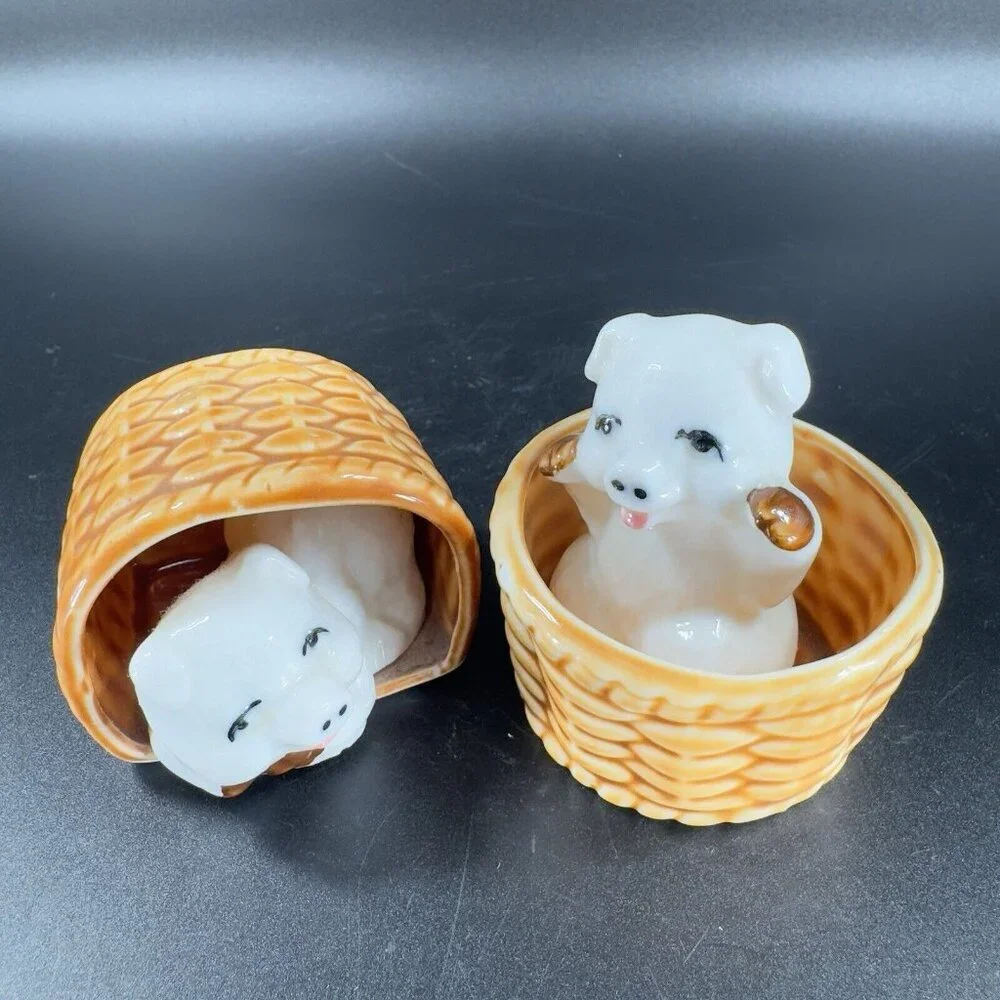 Vintage 1980s Porcelain Pings In Woven Basket Figurine‎ Set Made On Taiwan VTG